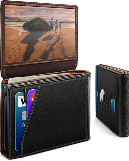 miyozi Airtag Wallet for Men,with Cash Pocket 2 ID Window 13 Cards,Slim Leather Wallet Front Pocket Card Holder RFID Blocking with Gift Box