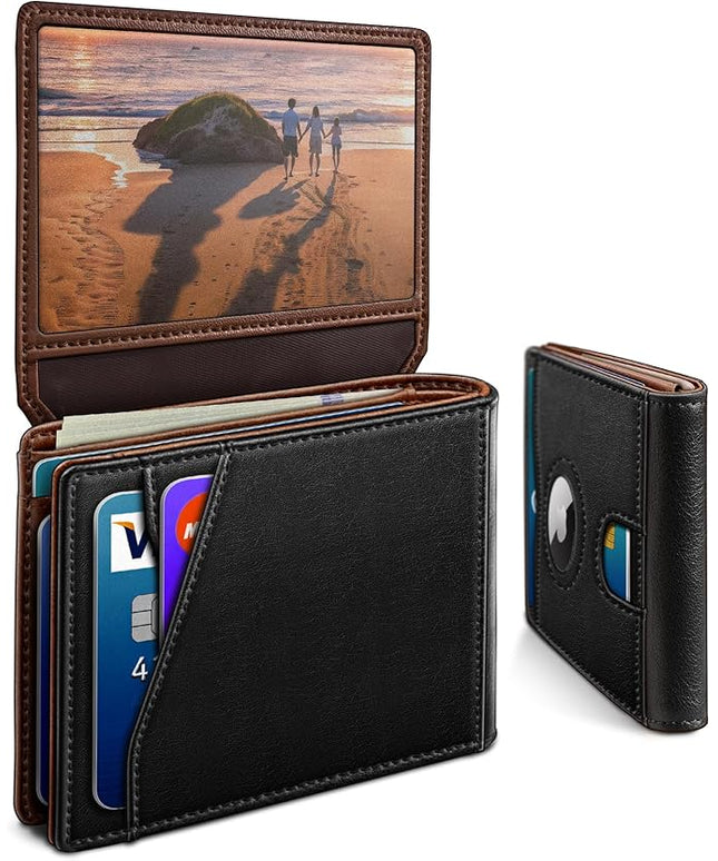 miyozi Airtag Wallet for Men,with Cash Pocket 2 ID Window 13 Cards,Slim Leather Wallet Front Pocket Card Holder RFID Blocking with Gift Box