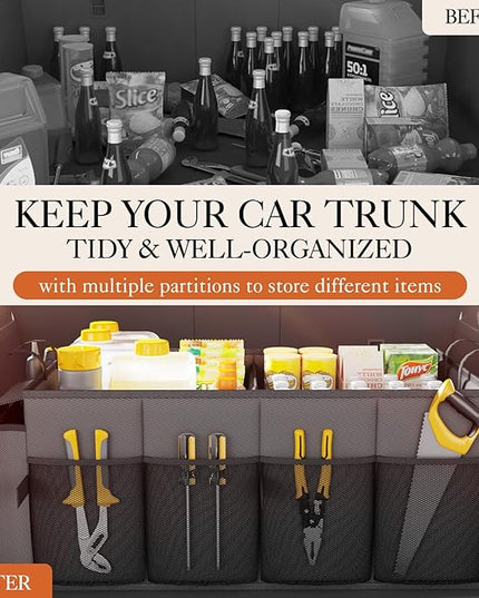 HOTOR Foldable Trunk Organizer - 2-Compartment 21.3"×12.6"×10.6" Grey SUV & Sedan Organizer for Accessories, Tools and Sundries