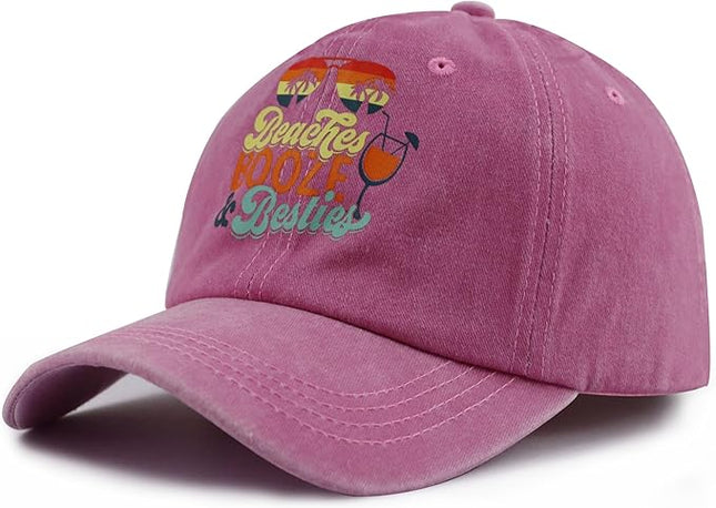 Beaches Booze & Besties Hat for Women, Vintage Adjustable Cotton Beach Baseball Cap