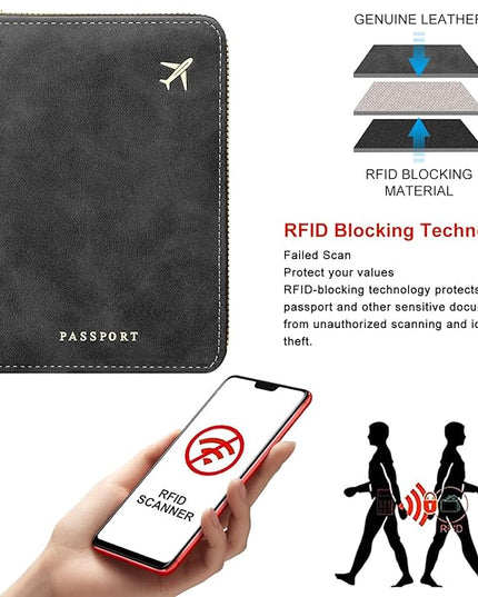 defway Passport Holder Travel Wallet - RFID Passport Holder, Zip Closure Card Cover, PU Leather Travel Wallet, RFID Blocking Secure Document Organizer Travel Essentials (Black)