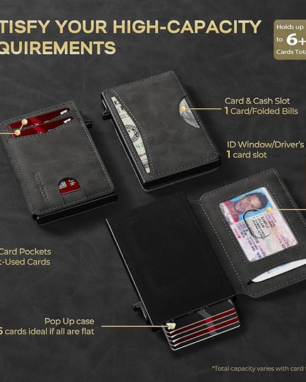RUNBOX Slim Card Wallet for Men with ID Window – Minimalist RFID Wallet, Pop-Up Function, Ultra Thin Design, Metal Business Card Case Holds 8+ Cards, Gifts for Men, Men's Accessories
