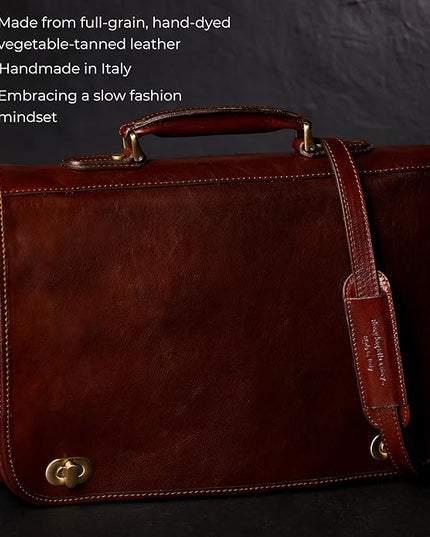 Time Resistance Leather Briefcase for Men - Italian Full Grain Leather Laptop Bag - Messenger Bag - Gift Box Included