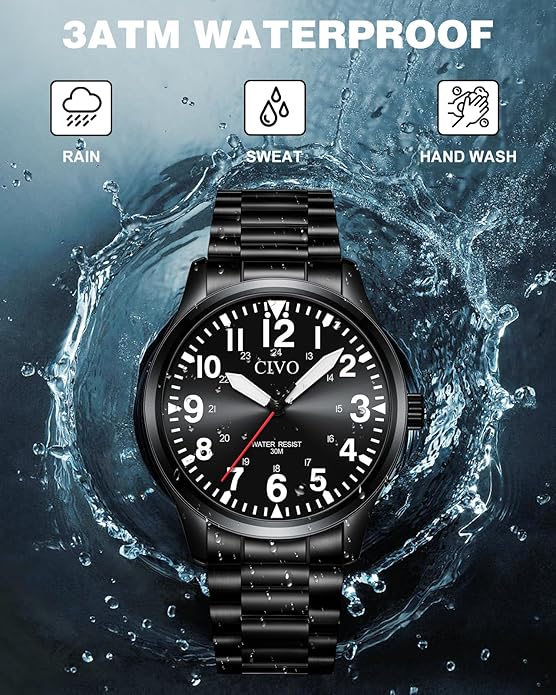 CIVO Analog Wrist Watches for Men: Waterproof Stainless Steel Mens Watches - Silver Watch with Easy Read Dial Men's Watch for Gift