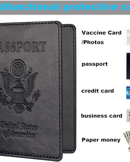 Herain Black & Dark Blue Passport Holder for Travel, Passport Cover Wallet Case 2 Pack Women Men Family Cruise Ship Essentials, Passports Book Holders Travel Vacation Must Haves
