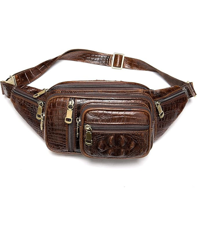 Genuine Leather Fanny Pack large capacity Crossbody Waist Bag with Zipper phone Pockets crocodile coffee
