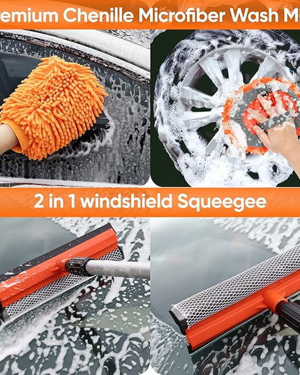 Wontolf 62'' Car Wash Brush with Long Handle, Scratch-Free Soft Bristles Sturdy Car Wash Mop, Complete Cleaning Brush Kit Wash Mitt Towel Windshield Squeegee Wheel Tire Brush for Car Truck RV Orange
