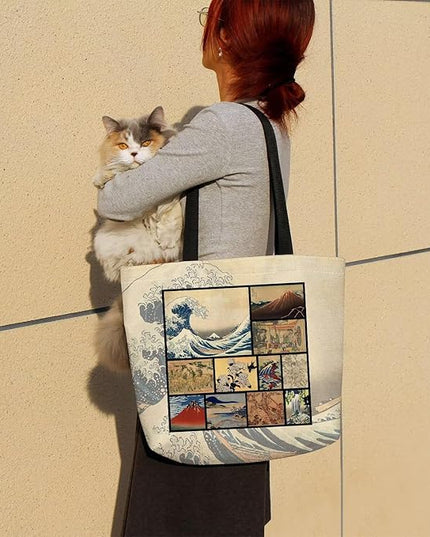 Katsushika Hokusai Japanese Painting Tote Bag Reusable Grocery Bags Aesthetic Shopping Shoulder Handbag with Interior Zipper Pocket Stylish Ukiyoe The Great Wave Present for Women