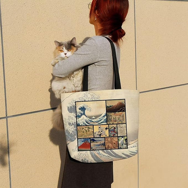 Katsushika Hokusai Japanese Painting Tote Bag Reusable Grocery Bags Aesthetic Shopping Shoulder Handbag with Interior Zipper Pocket Stylish Ukiyoe The Great Wave Present for Women