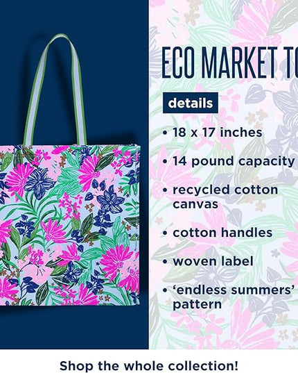 Lilly Pulitzer 18" x 17" Eco Tote, Market Shopper Bag, Oversize Reusable Grocery Tote with Comfortable Shoulder Strap