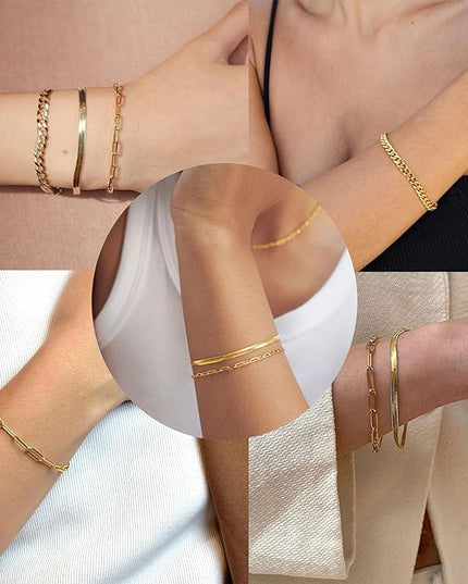 Gold Bracelets Set for Women Stack, Dainty Thick Bracelets Stack for Women Trendy, Simple Thin Gold Plated Cuff Stackable Bracelets With Beaded Cuban Paperclip Snake Rope Bangle Hand Chain Jewelry Gifts for Women Non Tainish