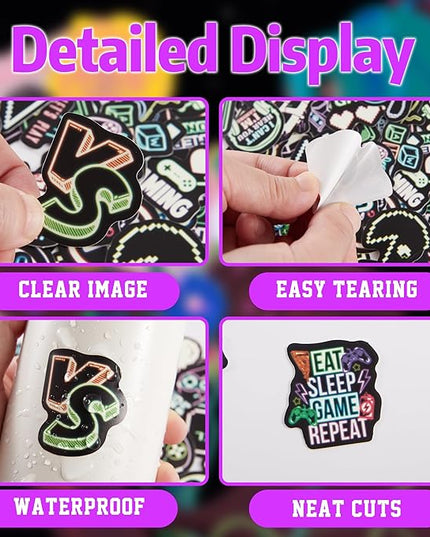 75 Pcs Neon Gamer Gamepad Kids Stickers, Game Controller Joystick Video Gaming Sticker for Water Bottle, Waterproof Decals for Teens Girls Boys Students Adults