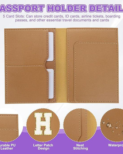 PATIKIL Passport Holder for Travel, Initial Passport Cover and Luggage Tag Set with Alphabet Chenille Letter Patch Travel Wallet Bag Suitcase Identifier for Women Family Travel Brown H