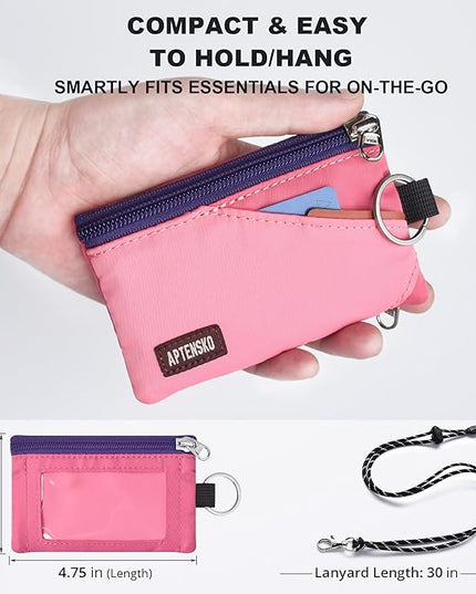 RFID Travel Wallet with Adjustable Lanyard-Zipper Small Wallet with ID Card Holder, Keychain for women&men-Minimalist Slim Waterproof Nylon case for ID, Cash, Key (Pink+RosePink)