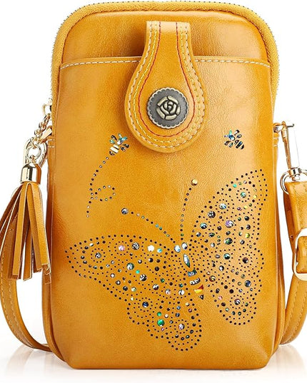 Small Crossbody Bags for Women, Lightweight Mini Cute Cell Phone Purse for Women with Tassel Shining Butterfly