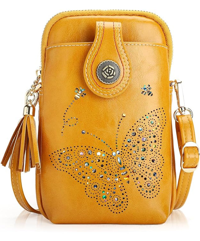 Small Crossbody Bags for Women, Lightweight Mini Cute Cell Phone Purse for Women with Tassel Shining Butterfly