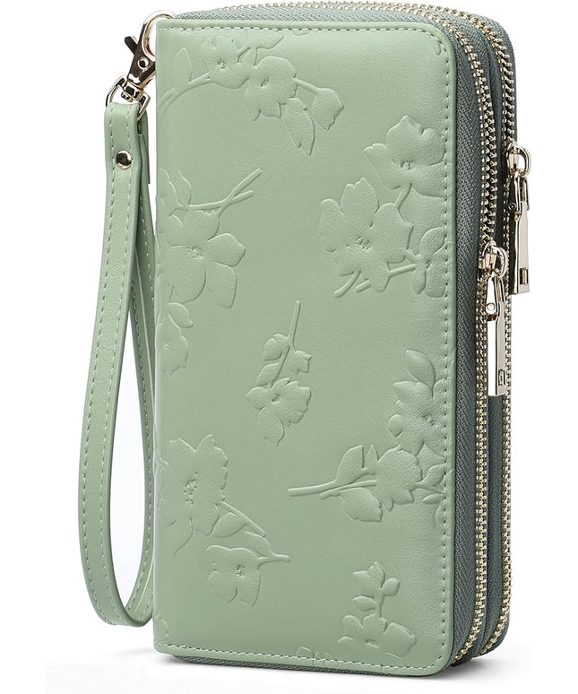 yiijay Womens Wallet RFID Blocking Large Capacity Leather Double Zip Wristlet Wallet Credit Card Phone Holder Ladies Clutch Purse Flora