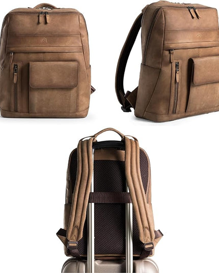 VELEZ Brown Leather Backpack for Men & Women - Large Capacity Laptop Travel Backpack with 17" Sleeve - Vintage Travel Bag with Adjustable Straps, Multiple Pockets & Trolley Sleeve