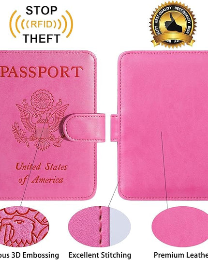 Passport Holder With Luggage Tag Cover Wallet RFID Blocking Leather Case Travel Essentials Accessories Travel Must Have(114#Pink)
