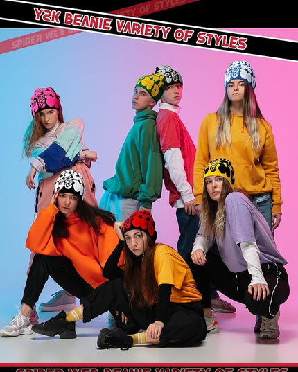 Toulite 12 Pieces Y2K Spider Web Beanie Gothic Graphic Beanies Outdoor Winter Warm Knitted Hat for Men Women