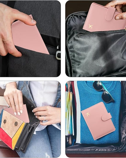 GOAUS Passport Holder for Travel with AirTag Slot Cards Cash Pocket, Faux Leather Travle Wallet Gifts for Women Men RFID Blocking Book Case Pink, AirTag Not Included