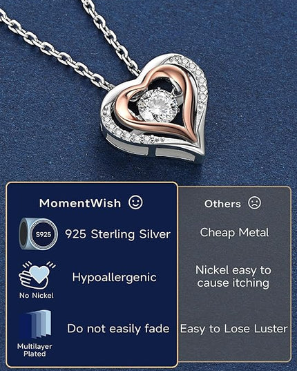 MomentWish Necklace for Women, Sparkling Gift for Her, 1Carat Moissanite Heart Pendent for Her, 925 Sterling Silver Dance Necklace for Anniversary Christmas Valentines