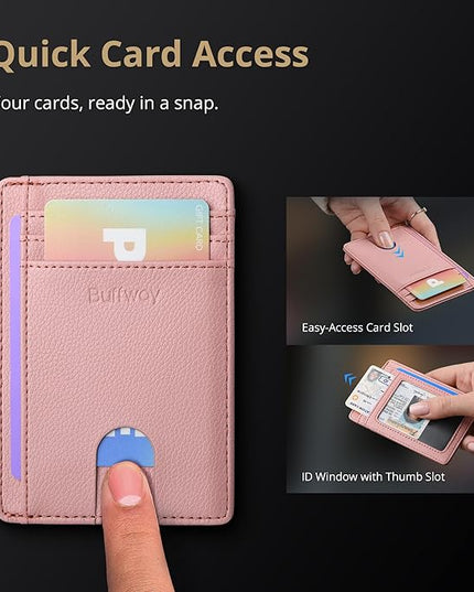 Buffway Slim Minimalist Front Pocket RFID Blocking Leather Wallets for Men and Women - Lichee Pink