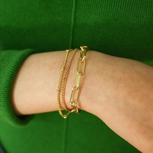 Waterproof Gold Chain Bracelet For Women Non Tarnish,14K Gold Plated Link Dainty Bracelets Stake Layered Bracelet Set Hypoallergen Gold Jewelry
