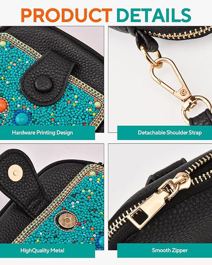 Women's Small Crossbody Cell Phone Bag, Boho Colorful Beaded Purse Wallet with Handmade Cute Patterns