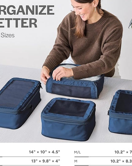Aerotrunk Compression Packing Cubes for Travel - Luggage Organizer Bags - Double Zipper Packing Cubes for Suitcases (4-Pack, Dark Blue)