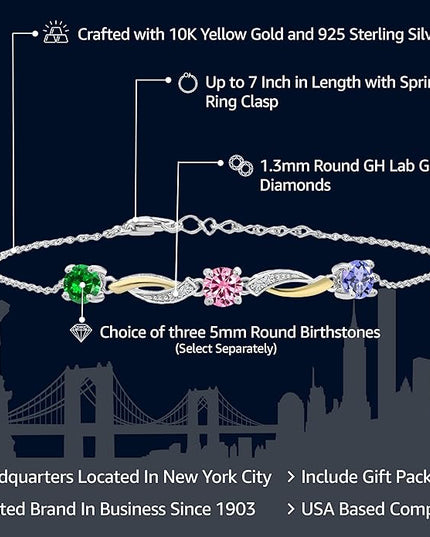 Customized and Personalized 3-Stone Tennis Bracelet For Women | 925 Sterling Silver and 10K Yellow Gold | Gemstone Birthstones and White Lab Grown Diamond | 7 Inch | With 1 Inch Extender