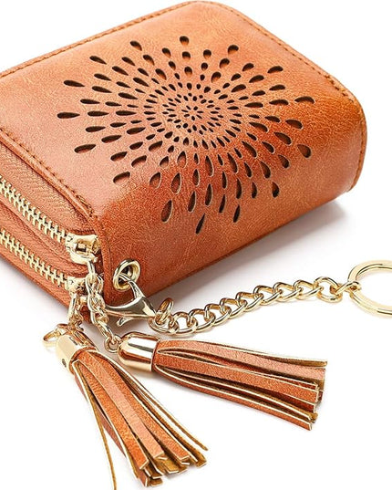 APHISON RFID Credit Card Holder Zipper Card Case Keychain Small Wallet for Women 1942-2 BROWN