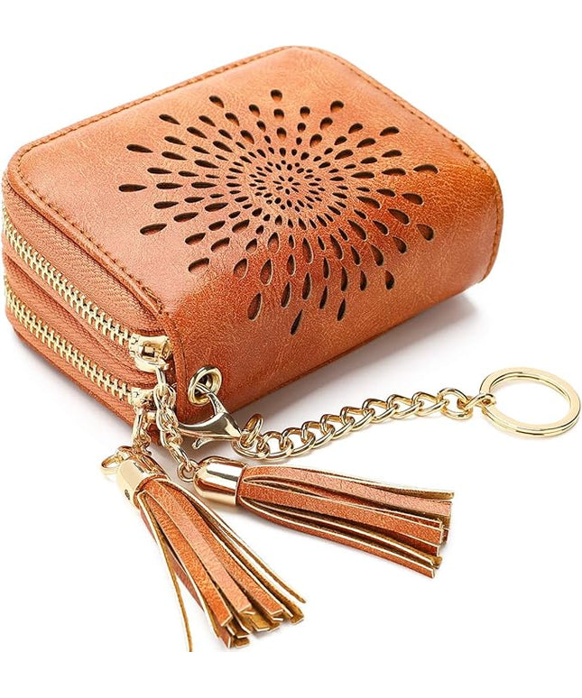 APHISON RFID Credit Card Holder Zipper Card Case Keychain Small Wallet for Women 1942-2 BROWN