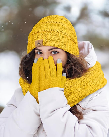 Winter Beanie Hat Scarf Gloves, Warm Fleece Knit Hats Touch Screen Gloves Neck Scarf Set Winter Gifts for Unisex Adult