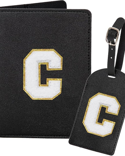 ULICO Initial Passport Cover and Luggage Tag Set,PU Leather Letter Passport Case Holder Travel Suitcase Tag, Personalized Travel Luggage Accessories Gifts for Women Kids Teenage Black C