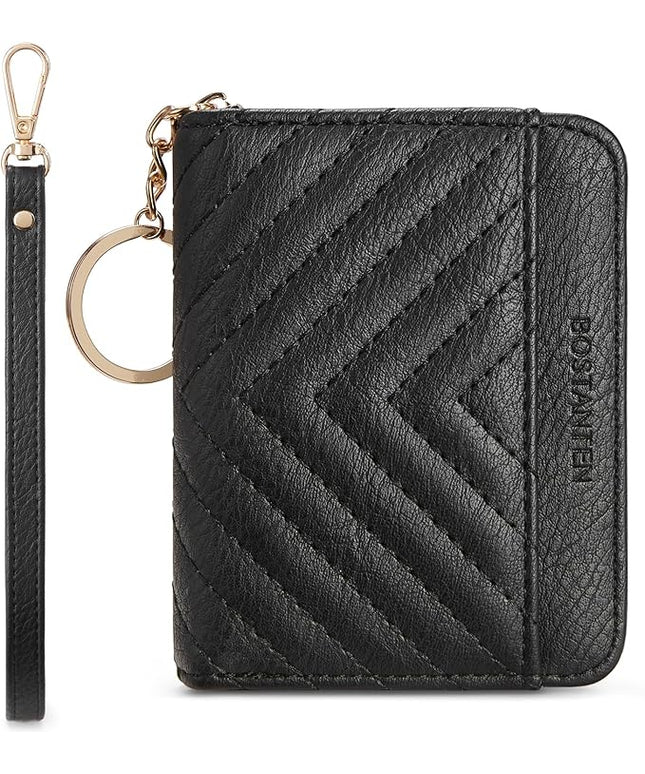 BOSTANTEN Credit Card Holder Wallet RFID Blocking Leather Small Wallet for Women Zipper Keychain Wallet with Wristlet Black