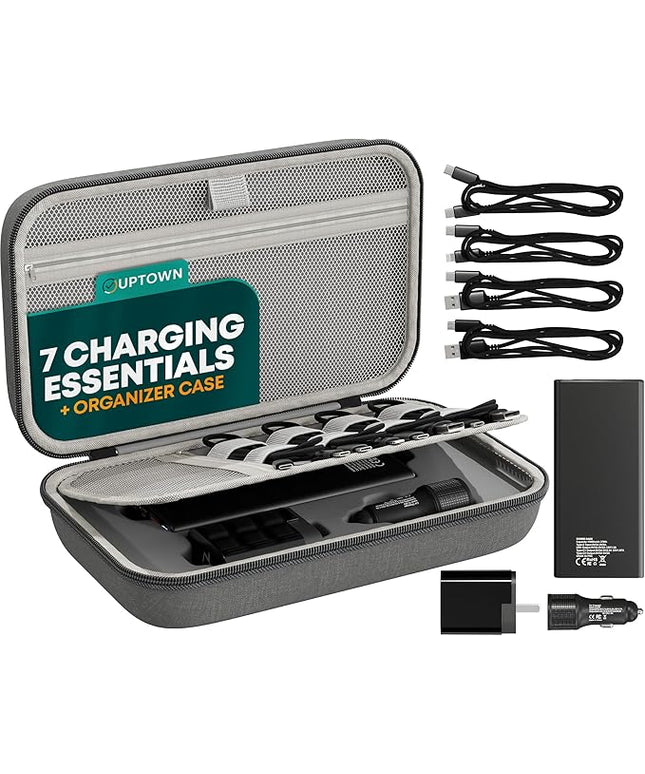Uptown 7- Piece Travel Charging Tech Bundle – 10,000mAh Portable Charger, 45W GaN Wall Adaptor, 48W Car Charger & 4 Cables with Cord Organizer – Travel Essentials for Phones, Tablets & Laptops