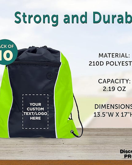 DISCOUNT PROMOS Two-Tone Drawstring Backpack Non-Woven - 10 pack - Customizable Text, Logo - Durable Sports Backpacks - Ideal for Sports, Travel, Gym & More - Lime Green