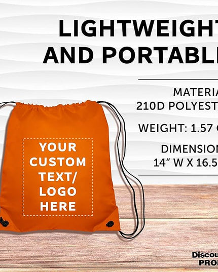 DISCOUNT PROMOS Custom Classic Polyester Drawstring Bagpack Set of 10/50/100, Personalized Bulk Pack - Great for Travelling, Gym and for Everyday Use - Orange