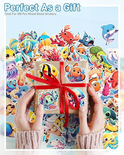 100 Pcs Cartoon Ocean Animal Stickers Pack for Kids Teens Adults,Cute Sea Life Waterproof Vinyl Decals Under The Sea Fish Turtle Stickers for Water Bottles Ocean Theme Party Favors Teacher Rewards
