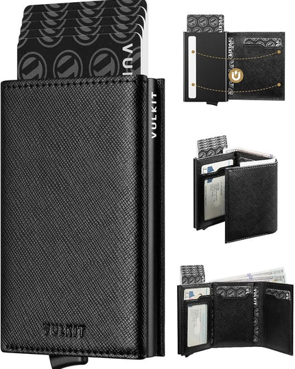 VULKIT Pop up Card Wallet Minimalist Cash Wallets RFID Blocking Leather Smart Credit Card Holder with ID window for Men(Cross Black)
