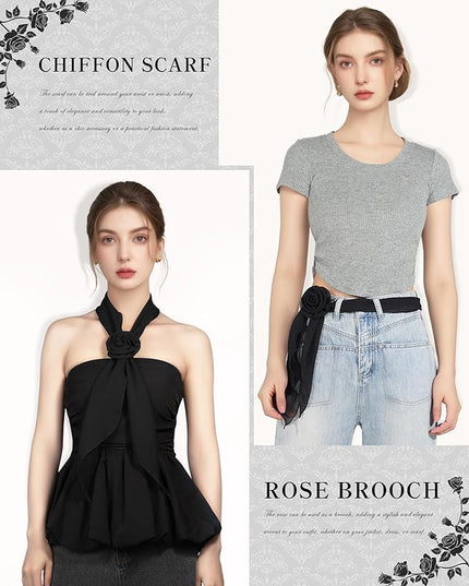 Chiffon Scarf for Women, Removable Flower Neck Scarf Light Soft Fashion Rose Scarves Versatile Headband or Hair Band