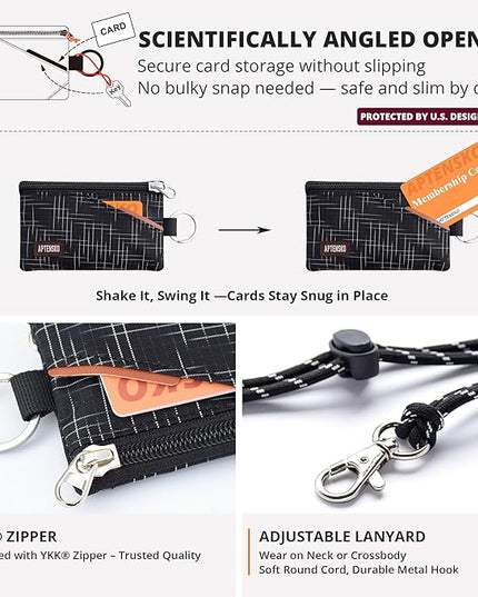 RFID Blocking Travel Wallet with Adjustable Lanyard, Small Nylon Zipper Pouch and Badge Holder for ID, Credit Cards, Cash, Keys, Commuters (BlackCrosshatch)