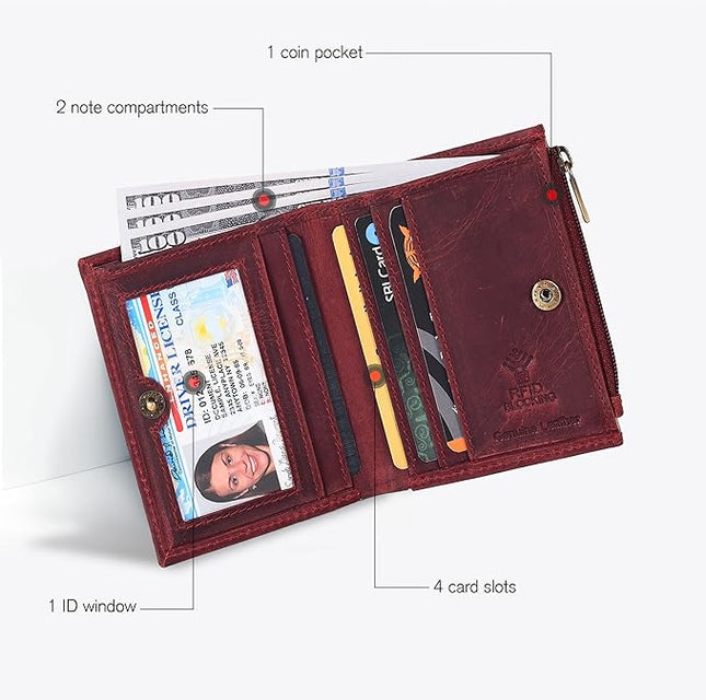 Oak Leathers Wallet For Women Full Grain Leather - Small RFID Coin Purse Credit Card & ID Holder for Ladies,Bifold Wallets for Teenager | Small, RFID, Coin Purse, for Ladies, for Teenager