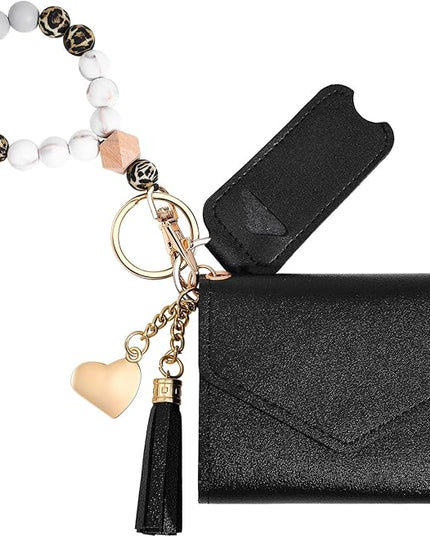 Weewooday Wristlet Bracelet Keychain Wallet Gift for Women Christmas Small Silicone Beaded Keyring Purse Leather Card Holder(Black)