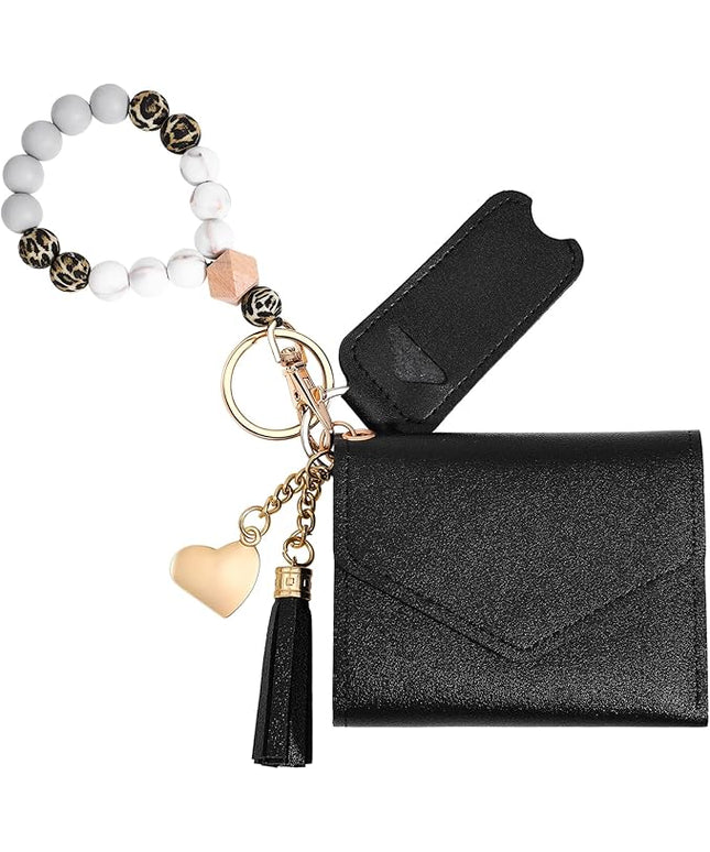 Weewooday Wristlet Bracelet Keychain Wallet Gift for Women Christmas Small Silicone Beaded Keyring Purse Leather Card Holder(Black)