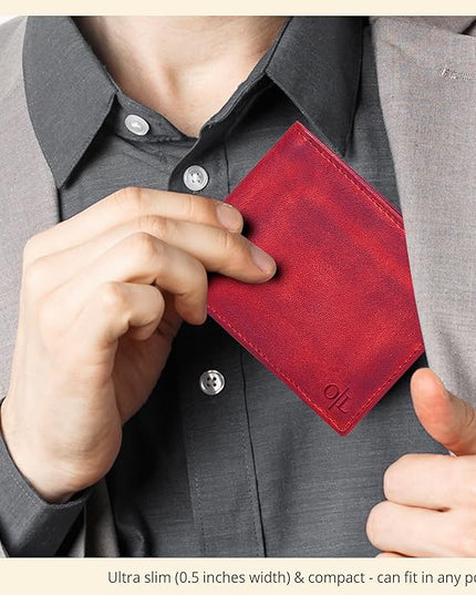 Oak Leathers Slim Leather Wallet for Men - RFID Blocking Slim Minimalist Front Pocket - Thin & Stylish with ID Window, Gift For Men (Vintage Red)