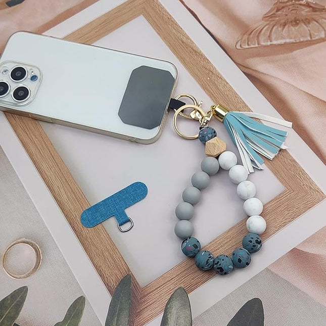 Phone Lanyard Silicone Beaded Phone Wrist Strap Cute Elastic Cell Phone Wristlet Chain Bracelet with 2 Tether Tab