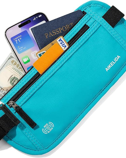 Money Belt - Slim Passport Holder RFID Blocking Travel Wallet Undercover Fanny Packs for Men Women - Blue