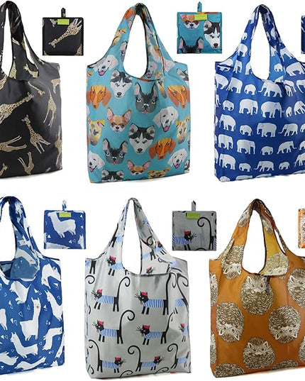 BeeGreen Shopping Bags Cloth Grocery Bags Foldable Travel Bag Tote Bags Bulk - Reusable Gift Bags with Handles (6 Pack) - Heavy Duty Large Washable Animal Holiday Design for Women Travel & Groceries